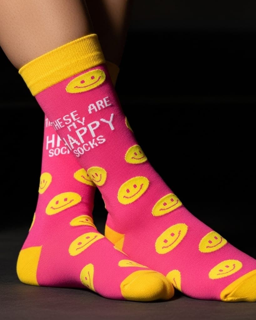 Happy Face Crew Socks – Pink & Yellow Smiley Design with Quote, Unisex