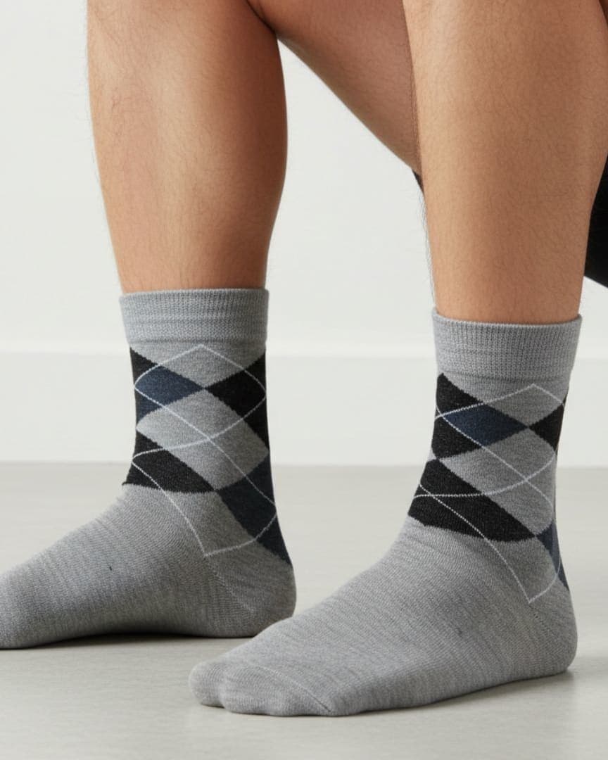Grey Cotton Ankle-Length Socks with Argyle Pattern | Casual Wear