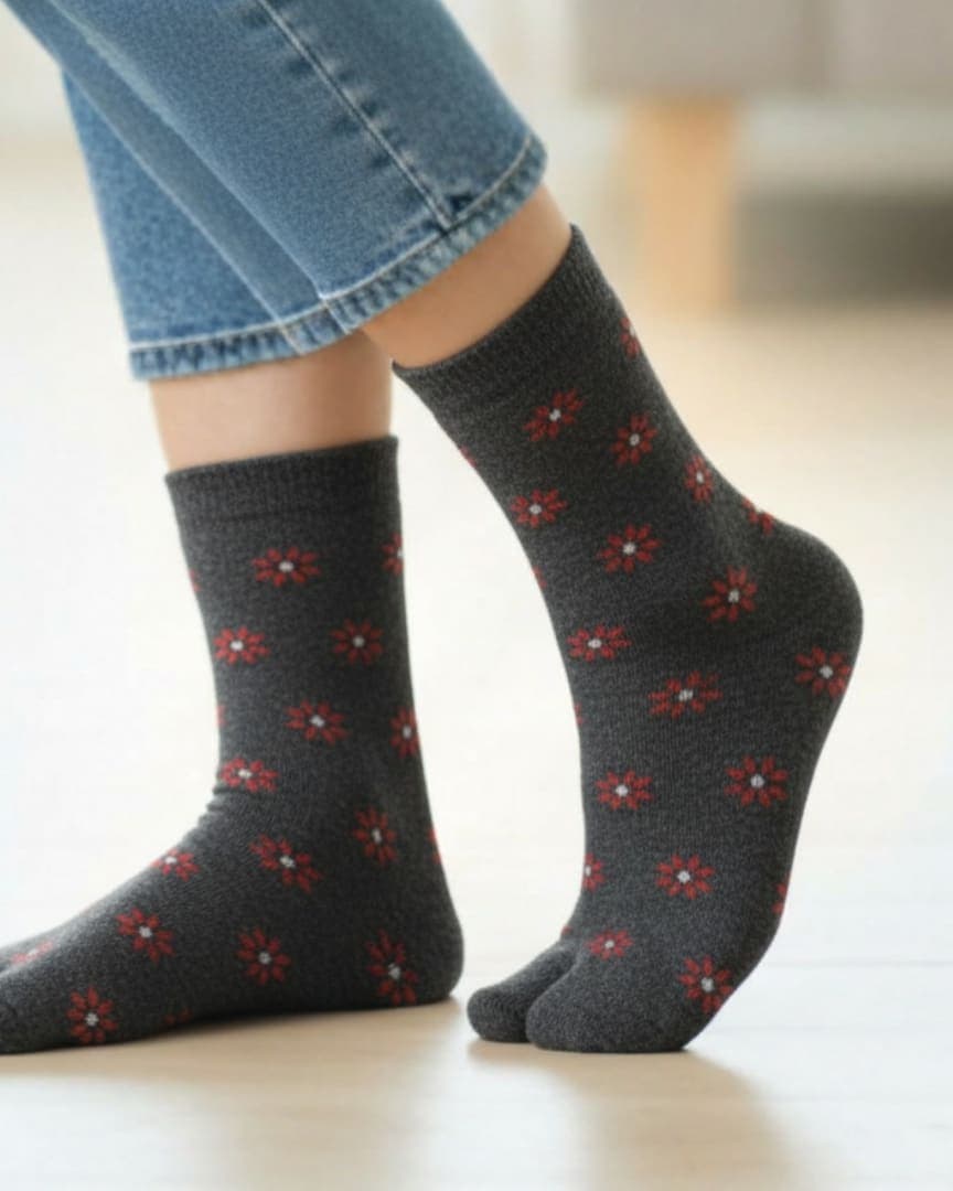 Dark Grey Woolen Thumb Toe Socks with Red Floral Motif | Crew Length hover