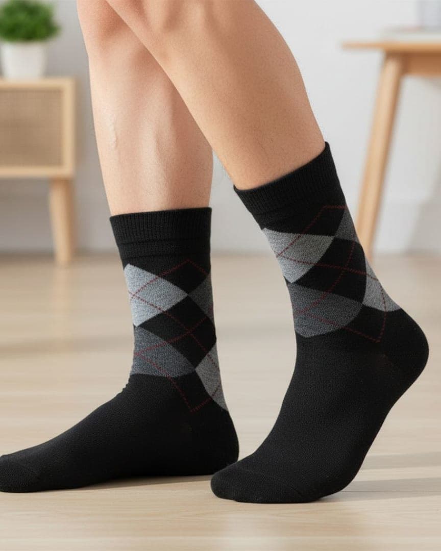 Black Woolen Winter Socks with Grey Argyle Pattern | Crew Length