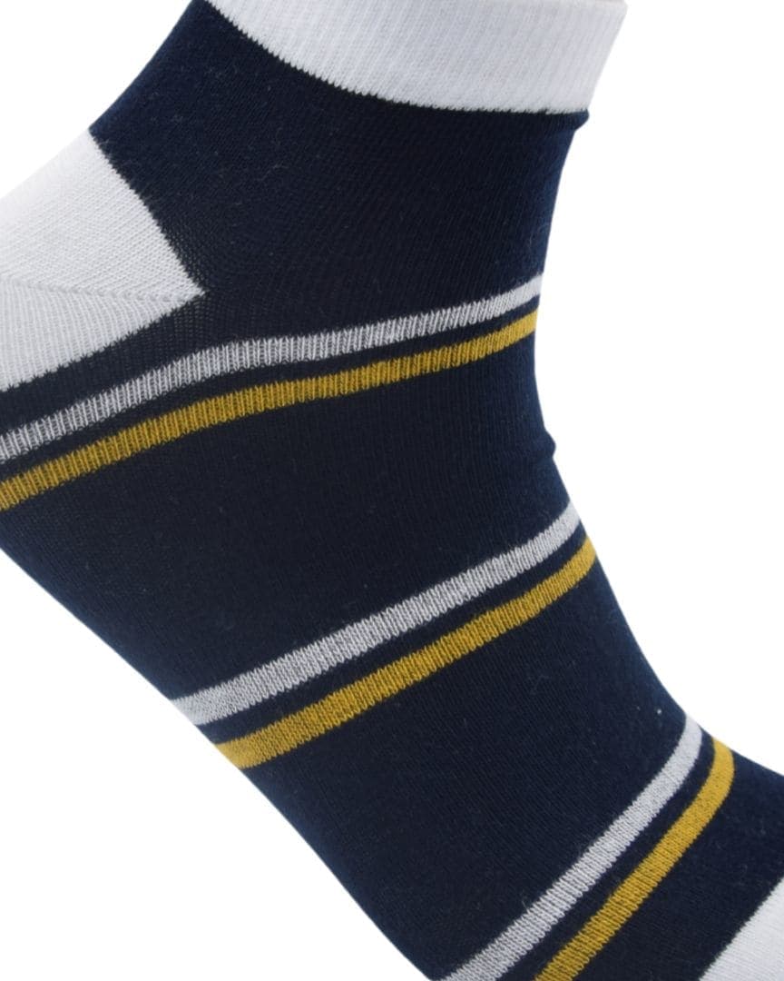Men’s Ankle-Length Striped Socks – Navy Blue with White & Yellow Accents hover