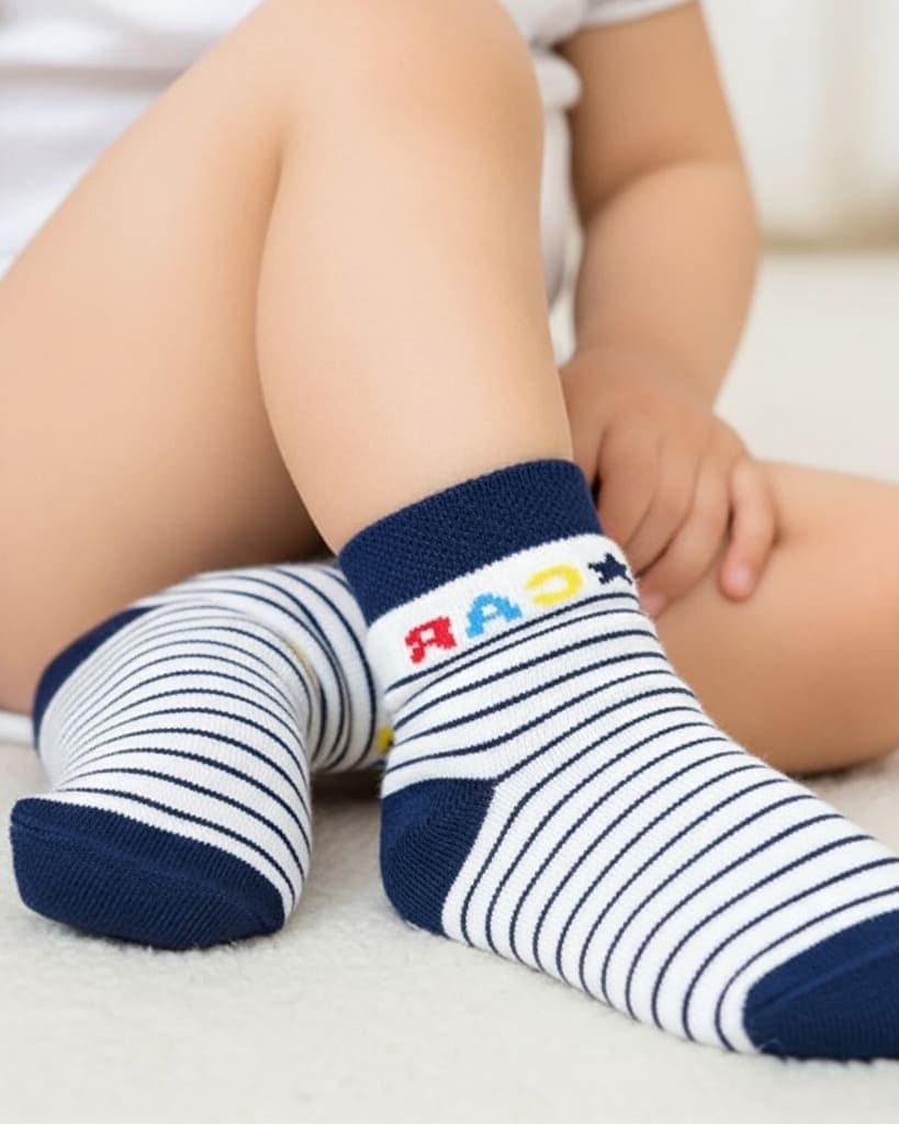 Navy Blue & White Striped Baby Socks – Soft Cotton with Fun “CAR” Design hover
