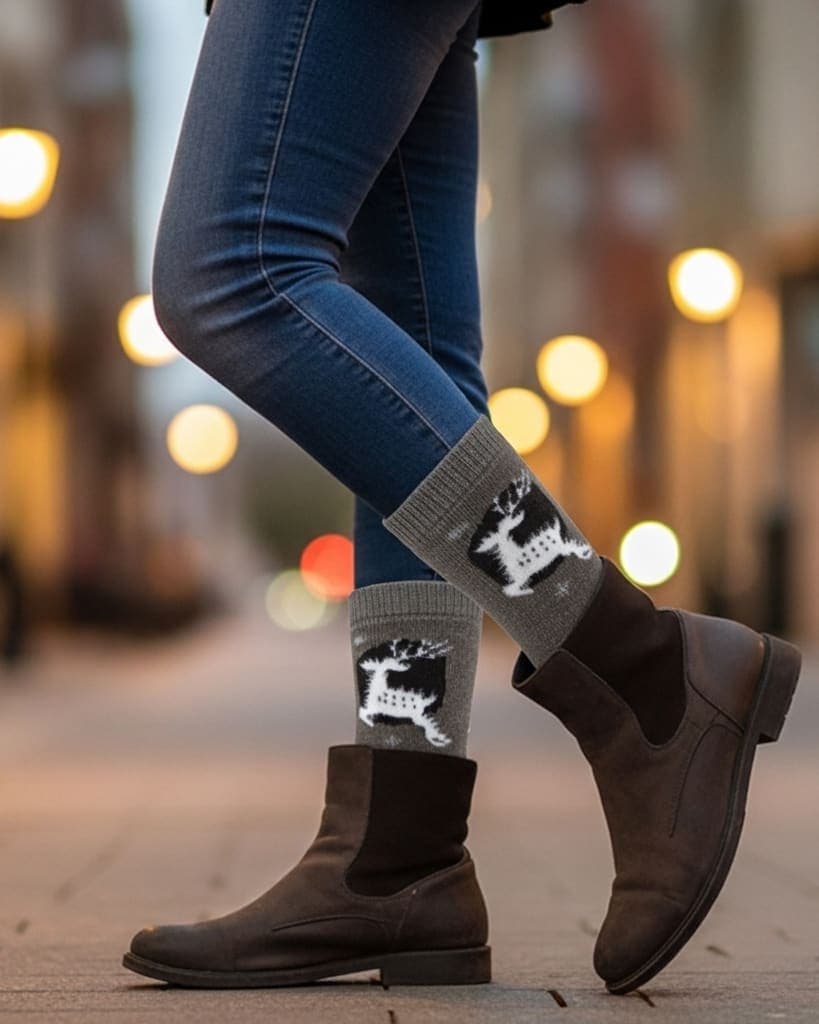 Warm Wool Blend Crew Socks in Brown with Reindeer Design hover