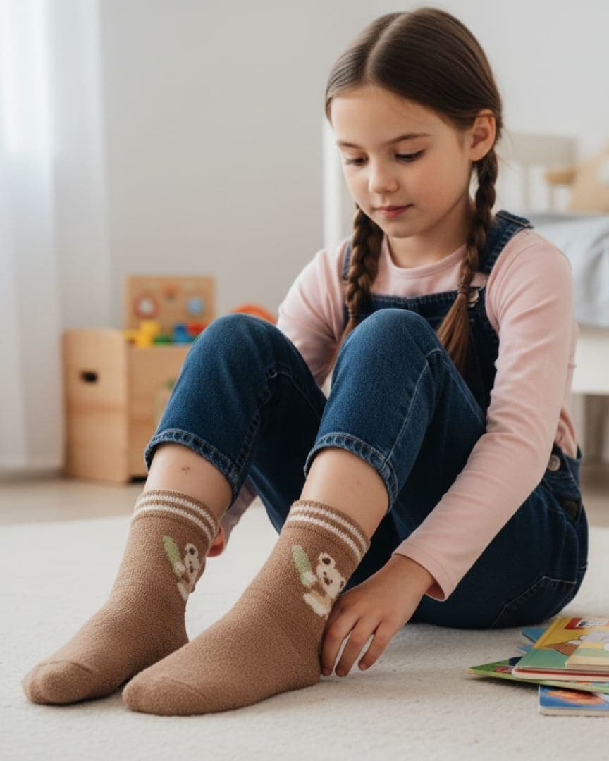 Ultra-Soft Fuzzy Mocha Brown Kids Crew Socks with Koala & Eucalyptus Design