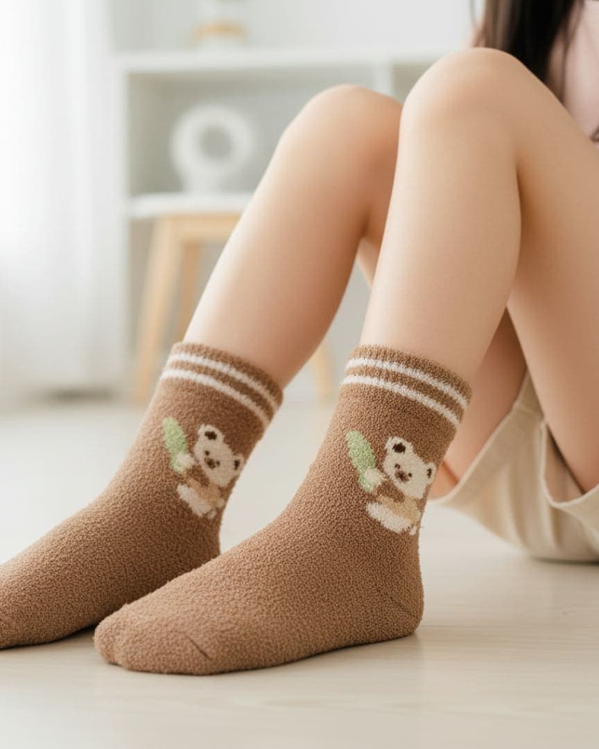 Ultra-Soft Fuzzy Mocha Brown Kids Crew Socks with Koala & Eucalyptus Design hover