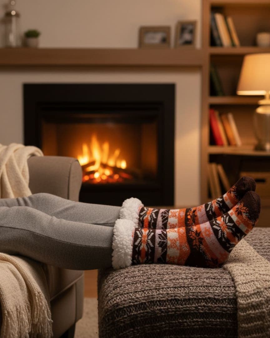 Brown & Orange Women Winter Home Socks with White Fur Cuff – Warm Cozy Indoor Socks hover