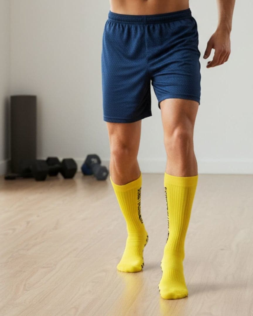 Breathable Cotton Kids' Anti-Skid Socks in Grey/Black with 'A' Logo, Full Grip Sole, and Red Accents