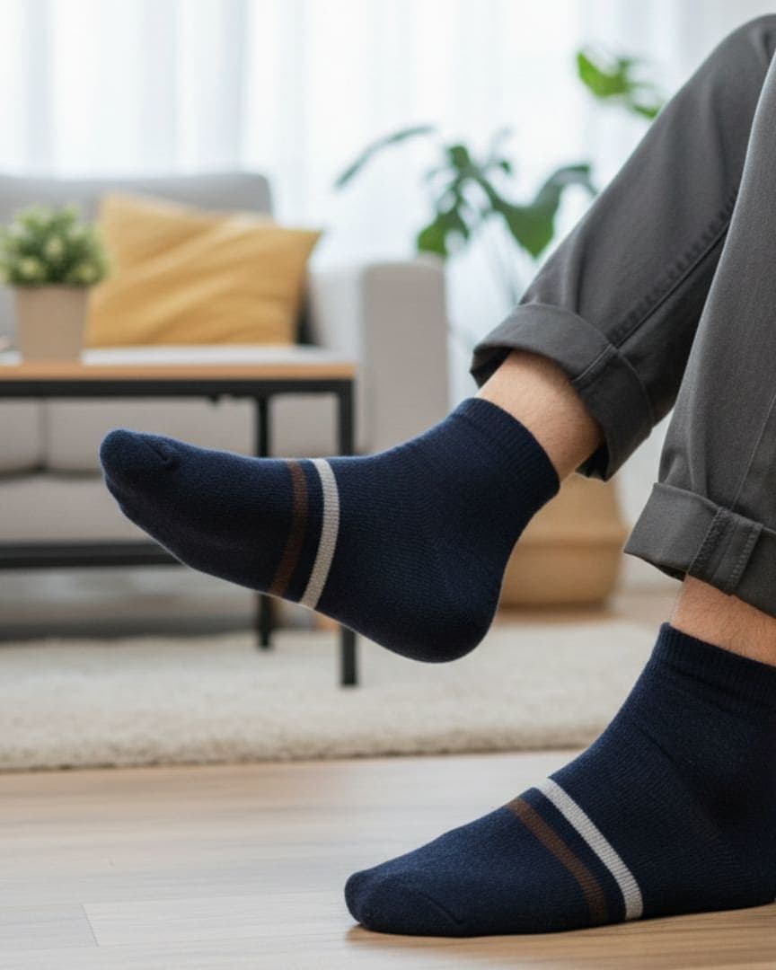 Men's Premium Navy Blue Ankle Woolen Socks with Contrast Triple Stripe