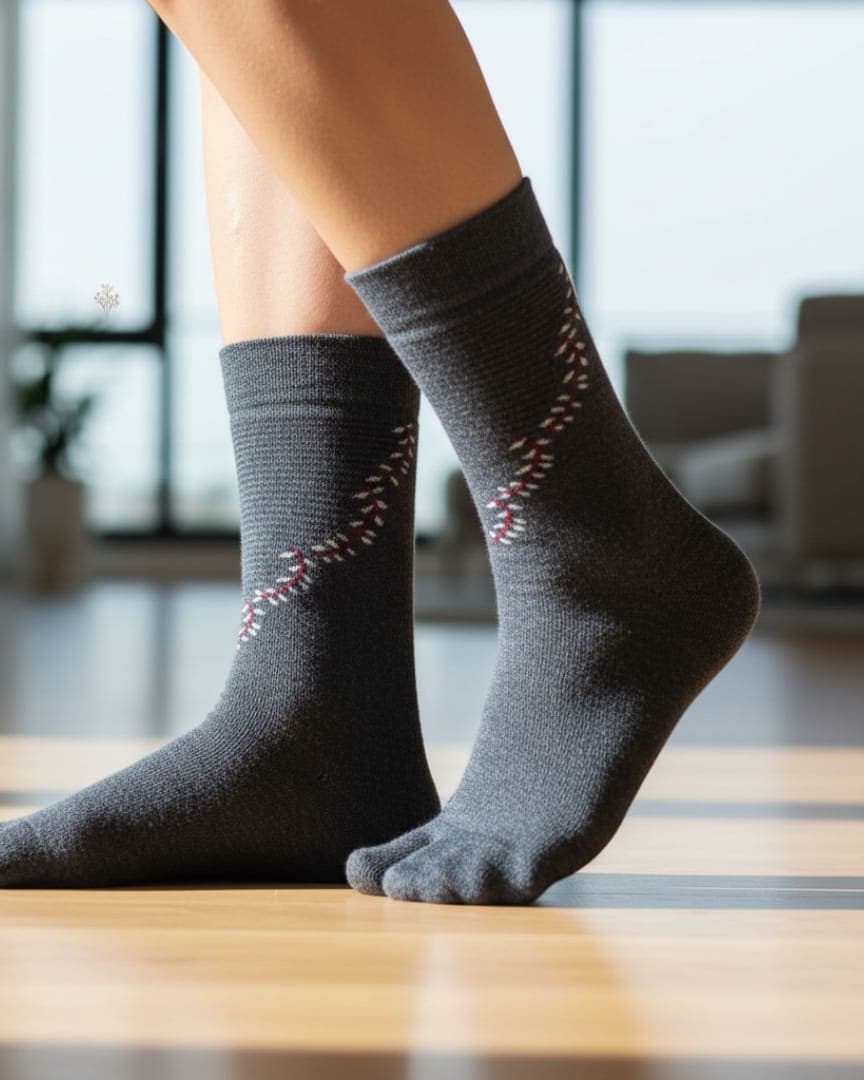 Charcoal Grey Woolen Thumb-Toe Socks with Subtle Stitch Pattern | Crew Length Soft Knit1 hover