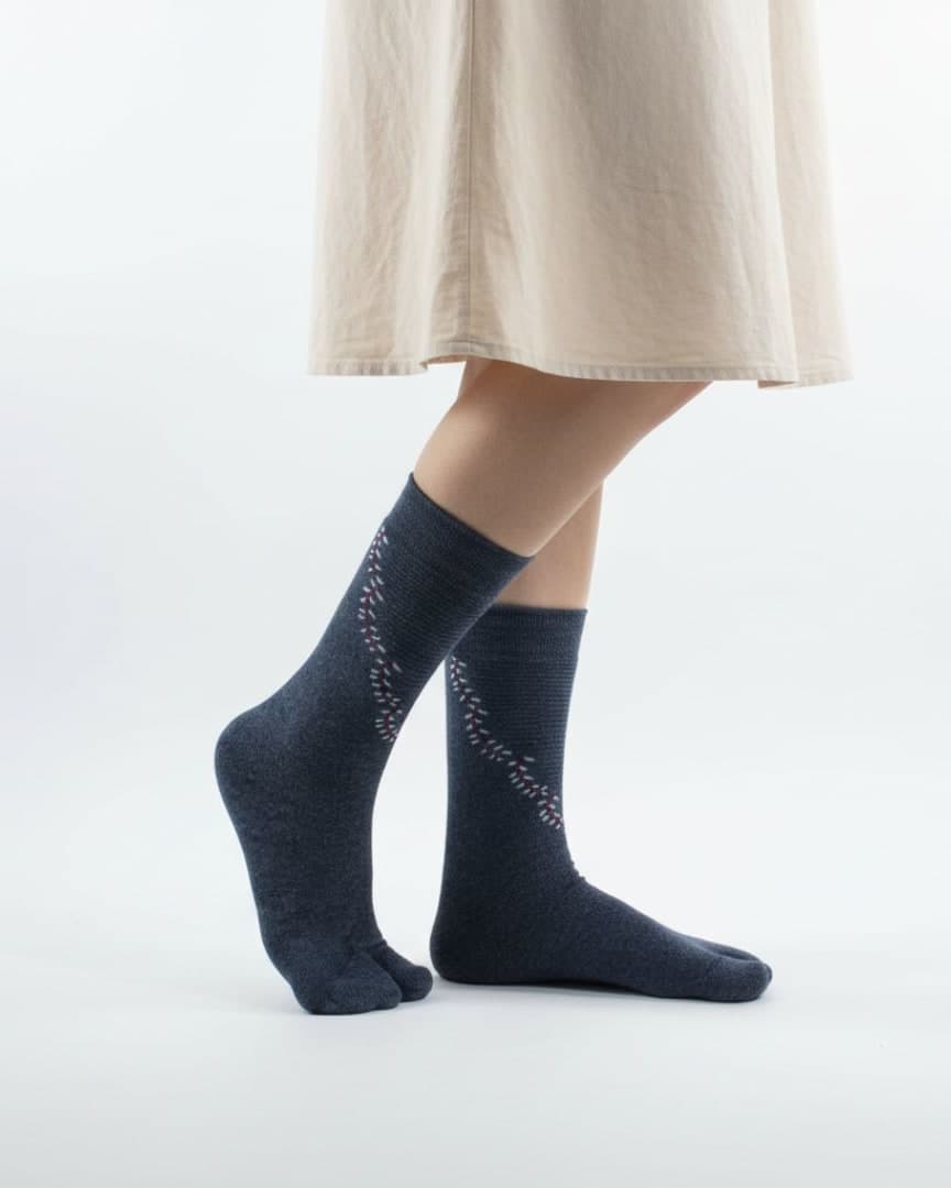 Charcoal Grey Woolen Thumb-Toe Socks with Subtle Stitch Pattern | Crew Length Soft Knit1