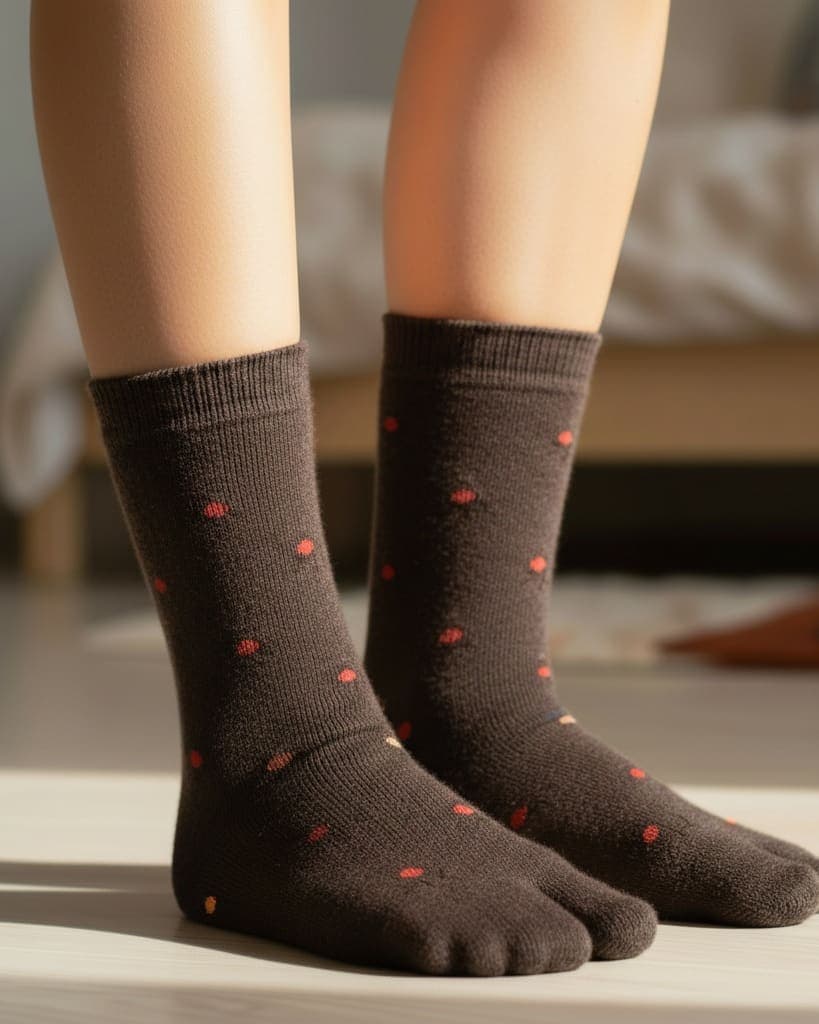 Brown Woolen Thumb Toe Socks with Polka Dot Pattern | Crew-Length Soft Knit Socks1