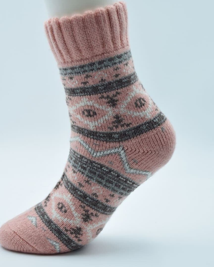 Cozy Fair Isle Winter Women Socks | Thick Knit Pink & Grey Thermal Lounge Socks1 hover