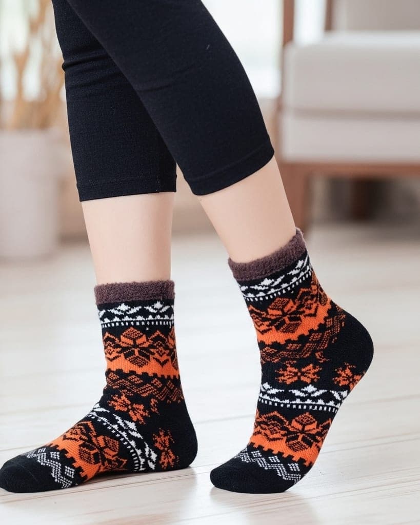Winter Thermal Wool Socks – Soft Fleece-Lined Warm Socks with Nordic Pattern (Black & Orange)1