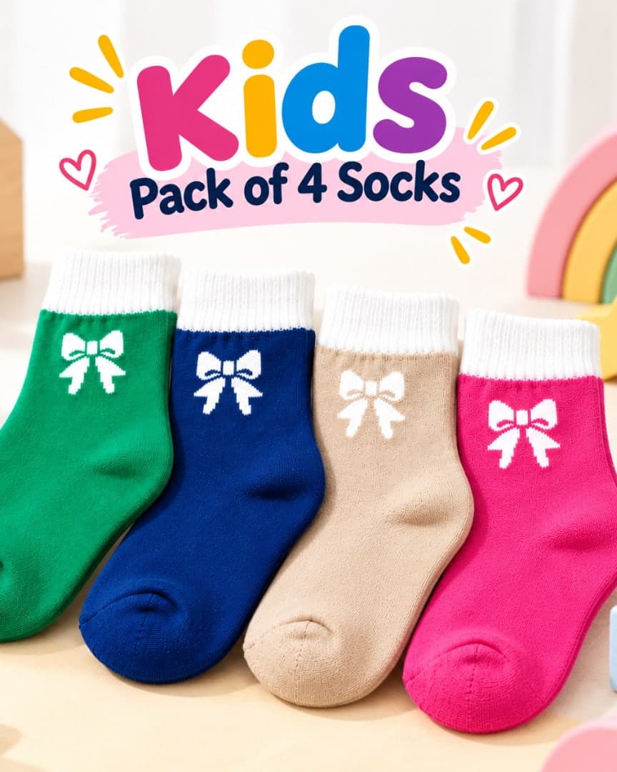 FeetbyFoot Kids Ankle Socks for Boys and Girls – Breathable Fabric, Cute Bow Design, Pack of 4 Pairs