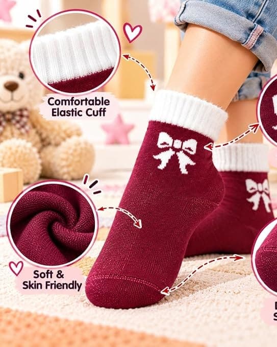 Girls Woollen Winter Socks with Bow Design, Warm Ankle Socks hover