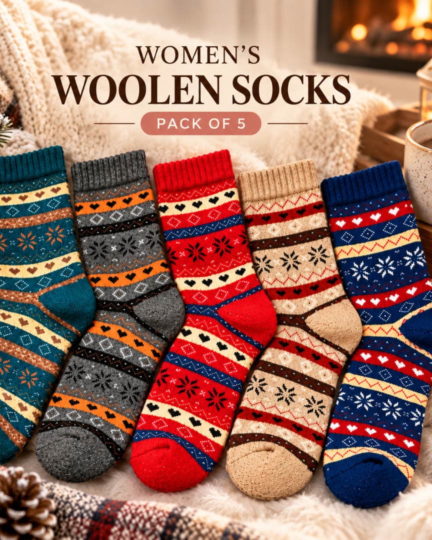 Women's Woollen Thermal Winter Socks Pack of 5 Pairs, Warm Printed Crew Socks for Women