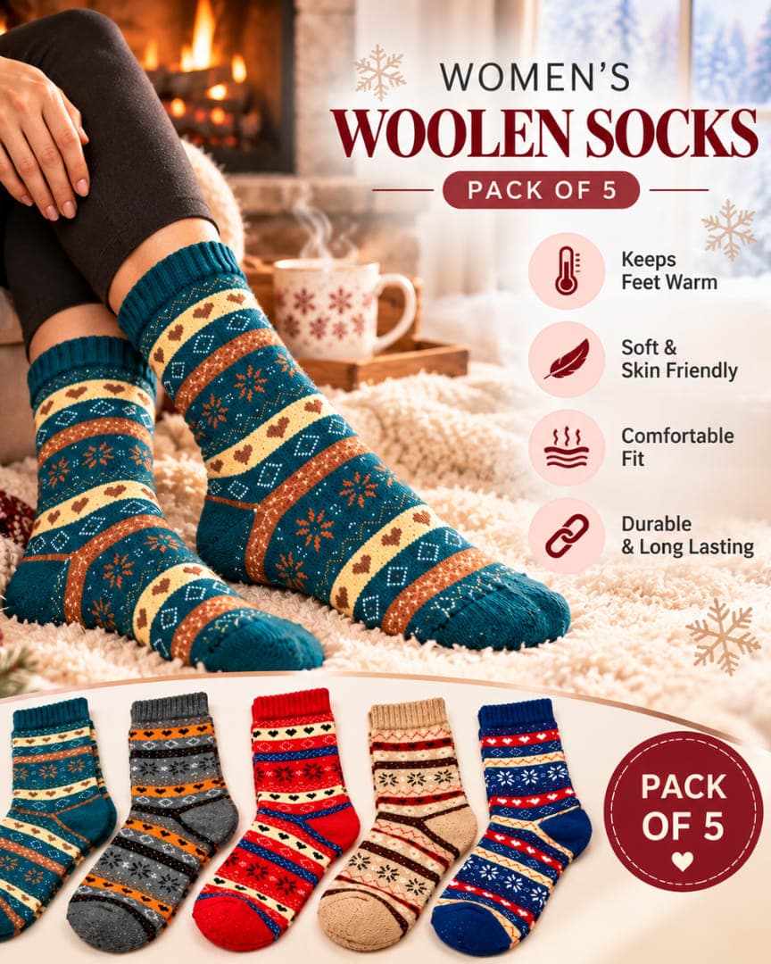 Women's Woollen Thermal Winter Socks Pack of 5 Pairs, Warm Printed Crew Socks for Women hover