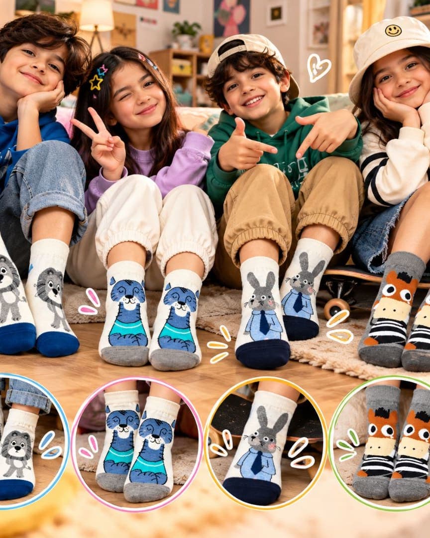 Kids Cotton Ankle Socks Pack of 4 Pairs, Unisex Cartoon Socks for Boys & Girls hover