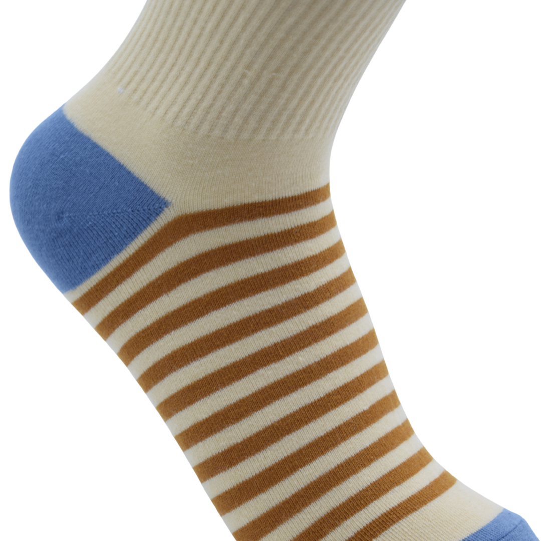 Unisex Crew Socks – Beige, Blue & Brown Striped Design