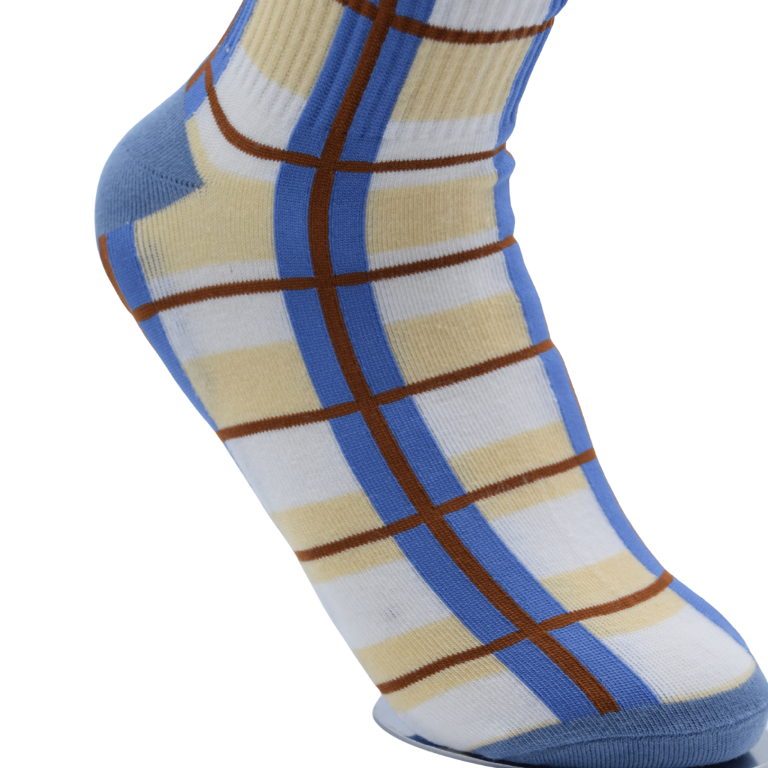 Unisex Crew Socks – Blue, Beige & Brown Checkered Design