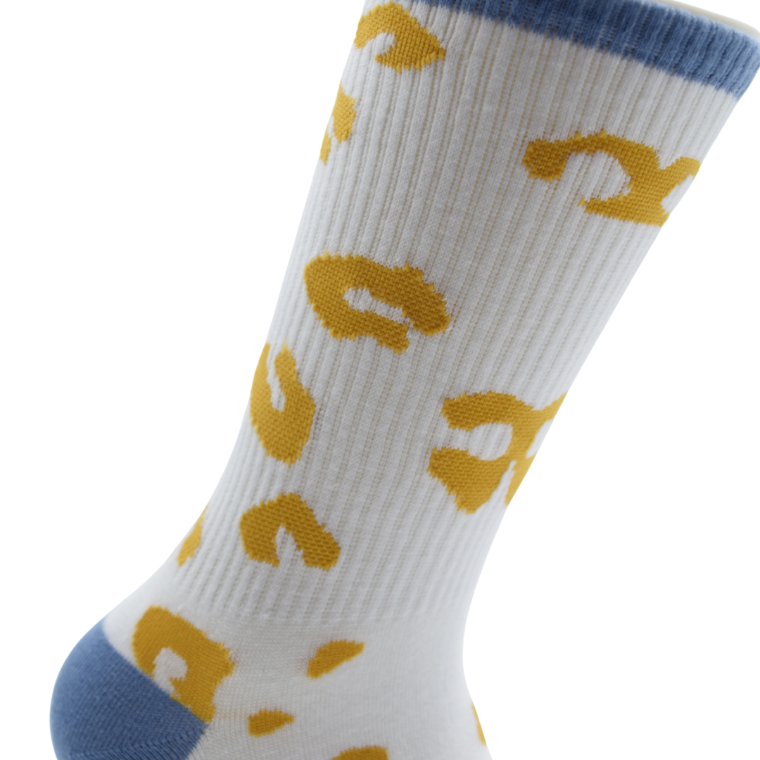 Unisex Crew Socks – White with Yellow Spots & Blue Accents