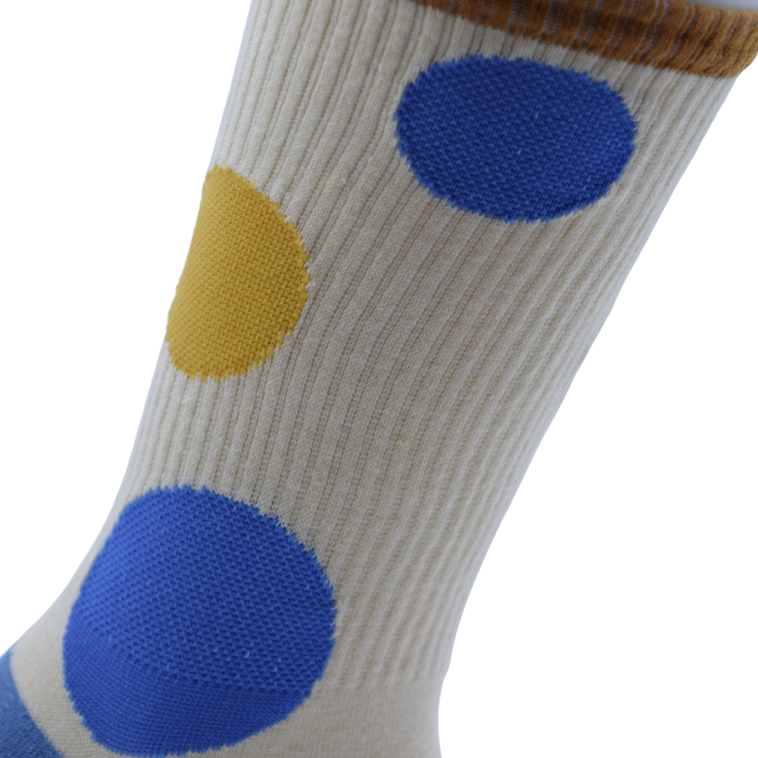 Retro Polka Dot Crew Socks – Beige with Blue & Yellow Dots