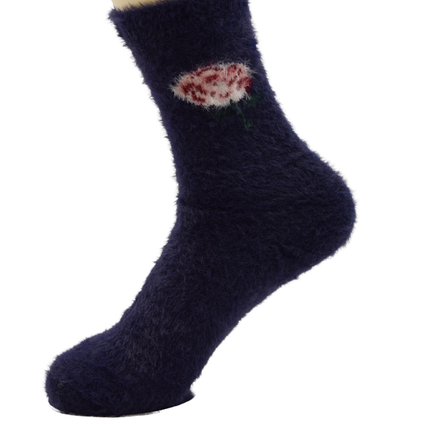 Women’s Fuzzy Winter Socks – Navy Blue with Floral Design