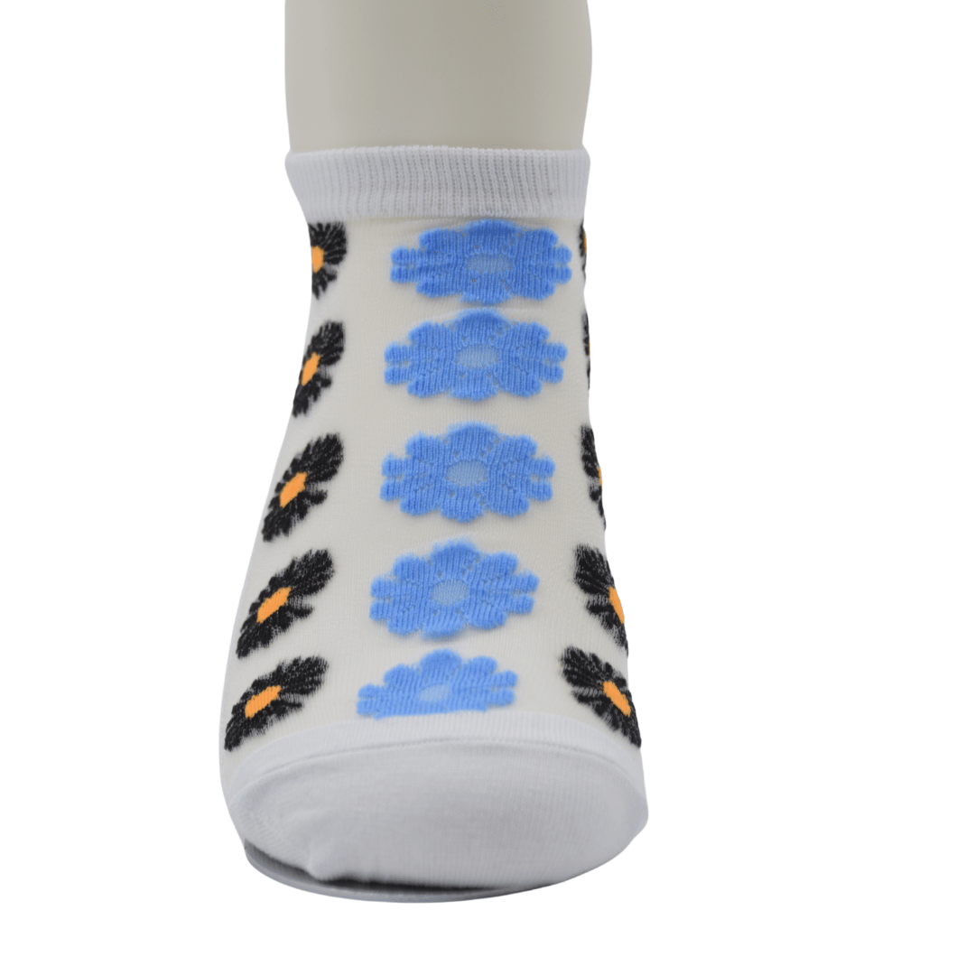White Sheer Ankle Socks with Black & Blue Floral Pattern