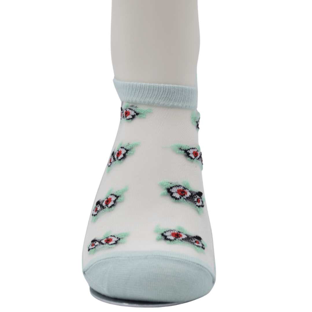 Mint Green Sheer Ankle Socks with Floral Embroidery