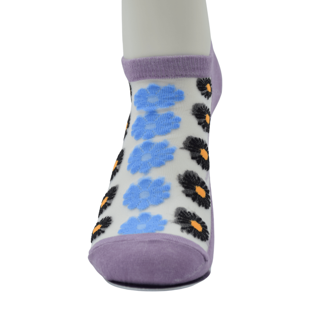 Purple Sheer Ankle Socks with Black & Blue Floral Pattern