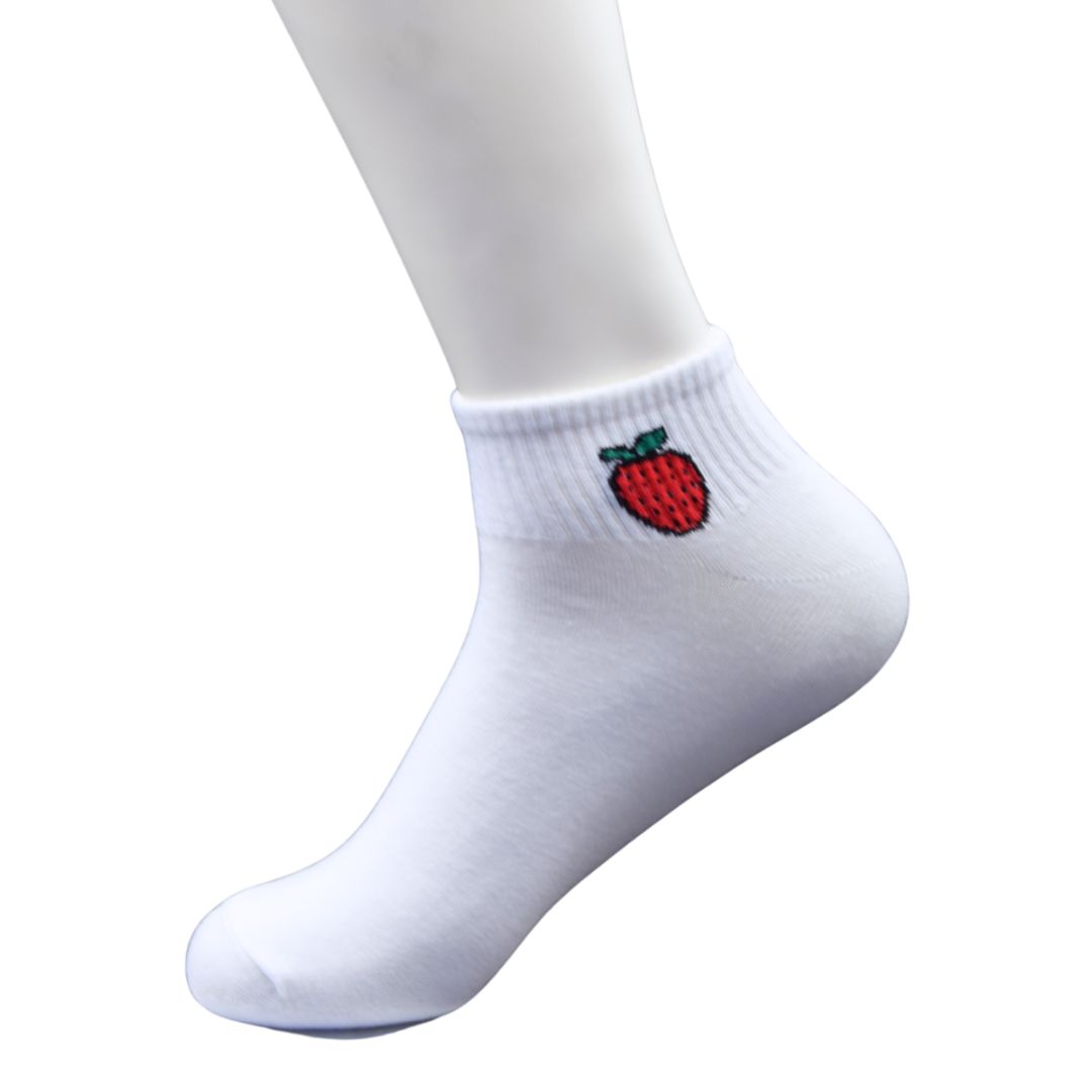 White Ankle Socks with Strawberry Embroidery – Fun & Stylish