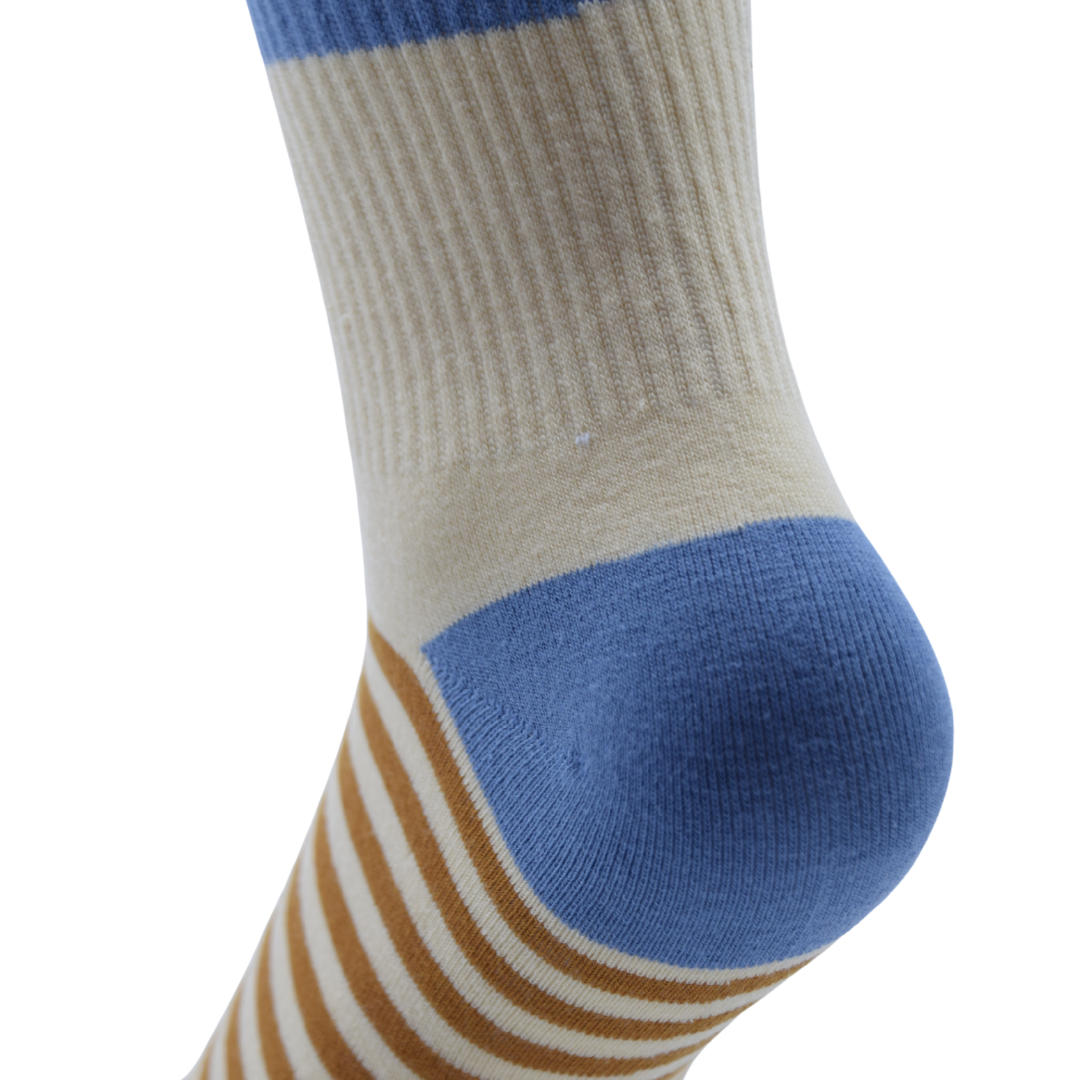 Unisex Crew Socks – Beige, Blue & Brown Striped Design