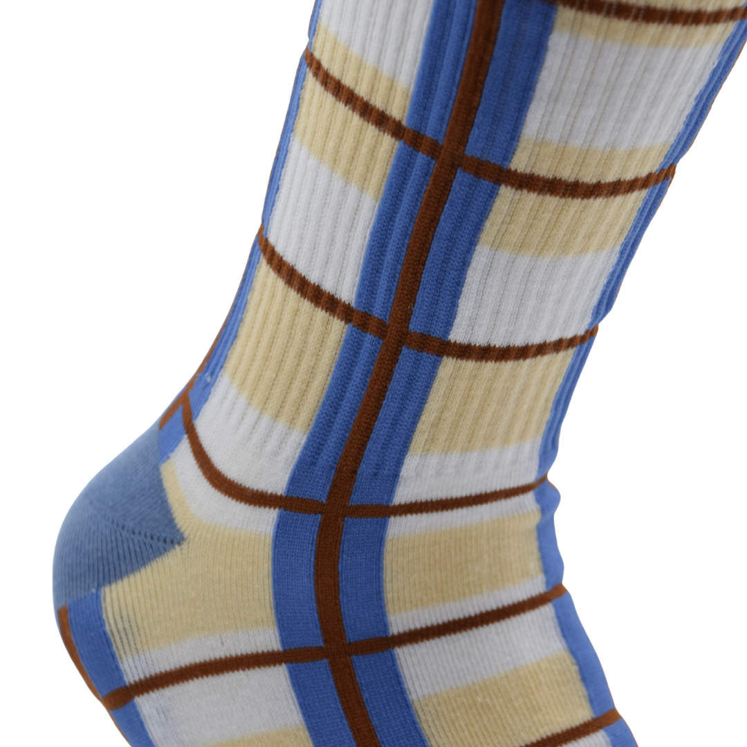 Unisex Crew Socks – Blue, Beige & Brown Checkered Design