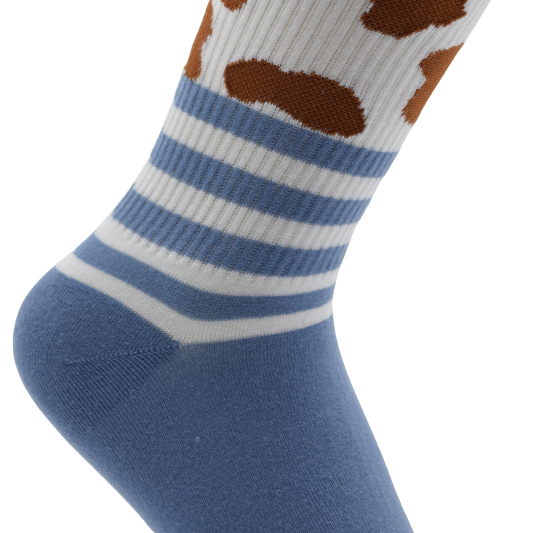 Unisex Crew Socks – Blue with Brown Spots & Striped Pattern