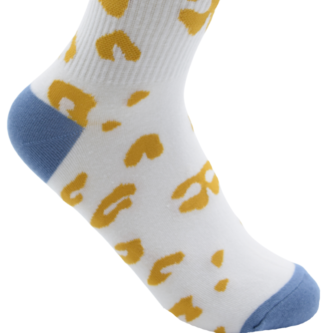 Unisex Crew Socks – White with Yellow Spots & Blue Accents