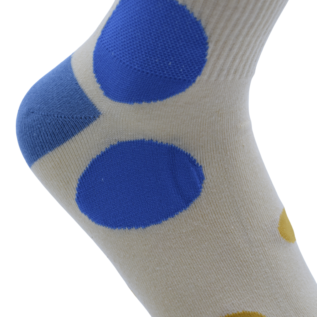 Retro Polka Dot Crew Socks – Beige with Blue & Yellow Dots