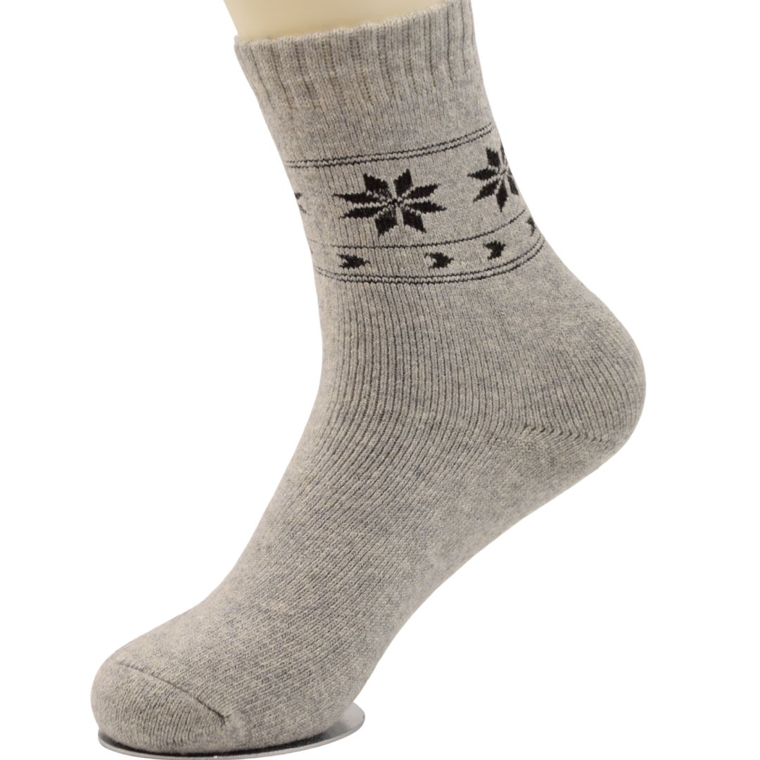 Women’s Woolen Winter Socks – Light Grey with Black Snowflake Pattern