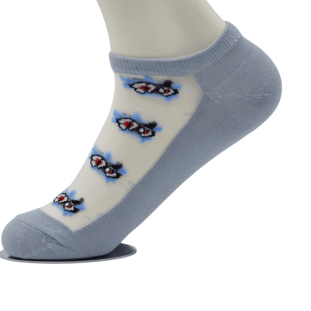 Sky Blue Sheer Ankle Socks with Floral Embroidery