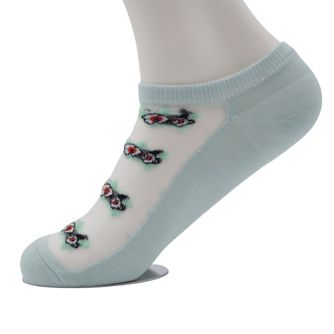 Mint Green Sheer Ankle Socks with Floral Embroidery