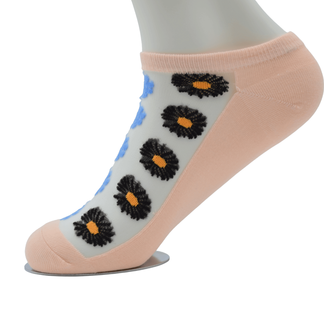 Peach Sheer Ankle Socks with Black & Blue Floral Pattern