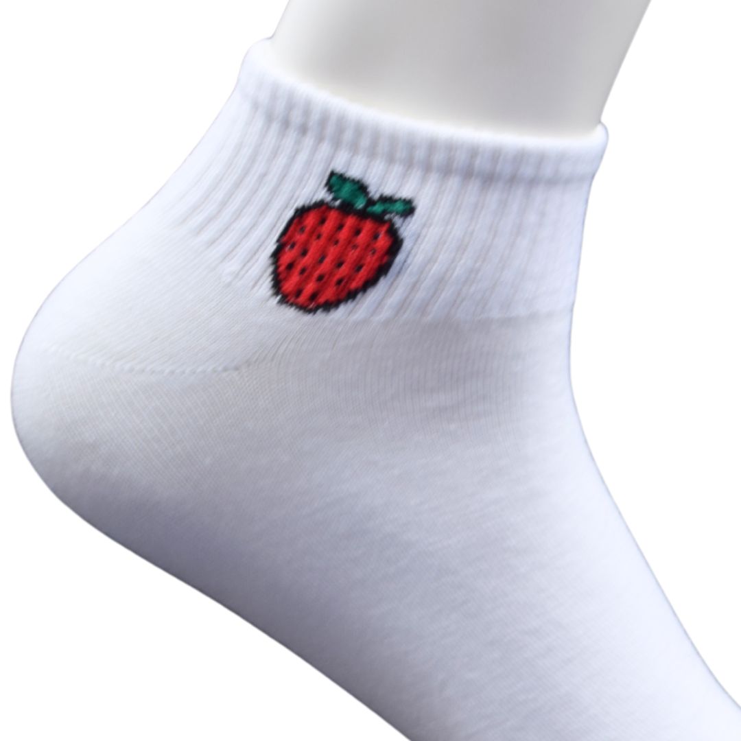 White Ankle Socks with Strawberry Embroidery – Fun & Stylish