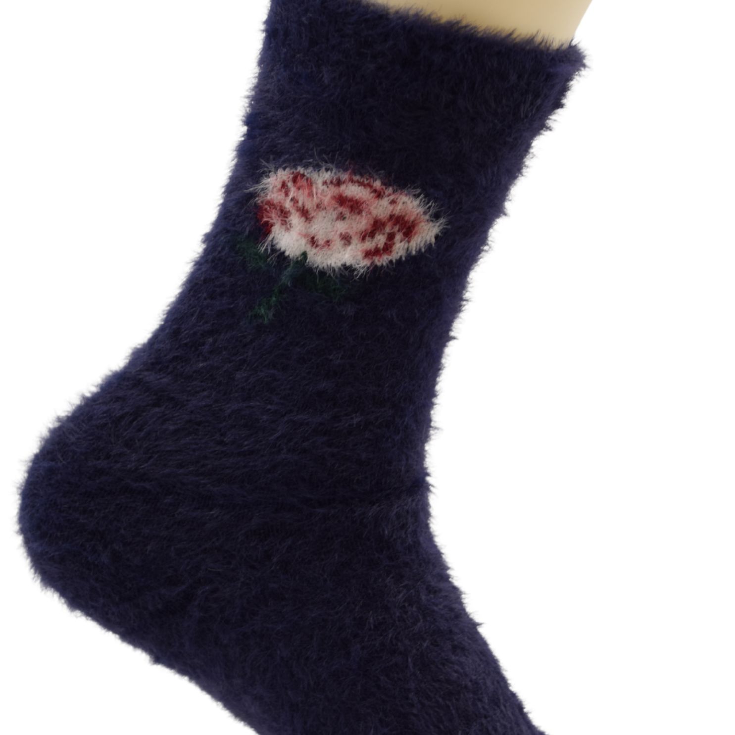 Women’s Fuzzy Winter Socks – Navy Blue with Floral Design