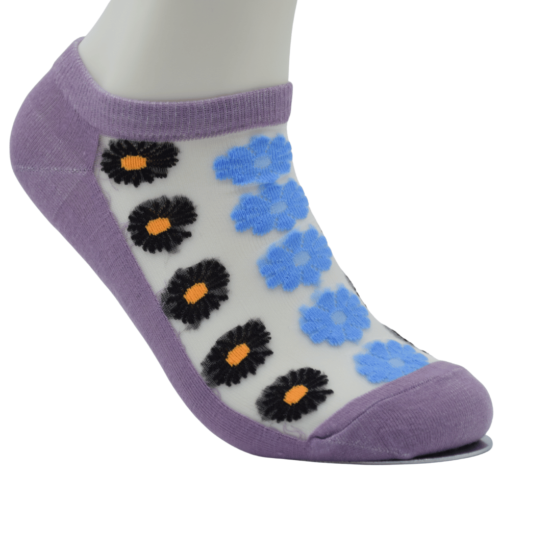 Purple Sheer Ankle Socks with Black & Blue Floral Pattern