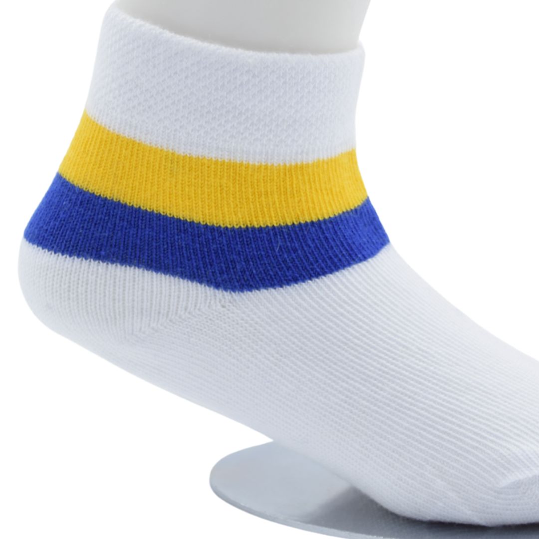 Classic White Ankle Socks with Yellow & Blue Stripes