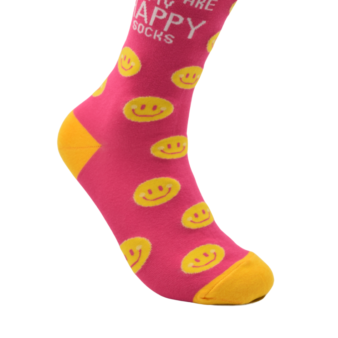 Happy Face Crew Socks – Pink & Yellow Smiley Design with Quote, Unisex