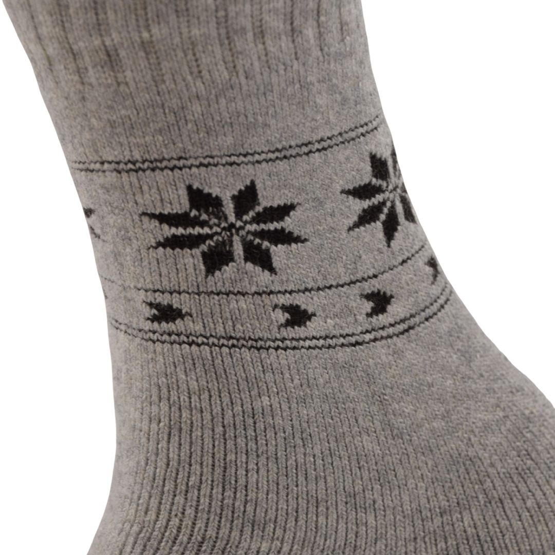 Women’s Woolen Winter Socks – Light Grey with Black Snowflake Pattern
