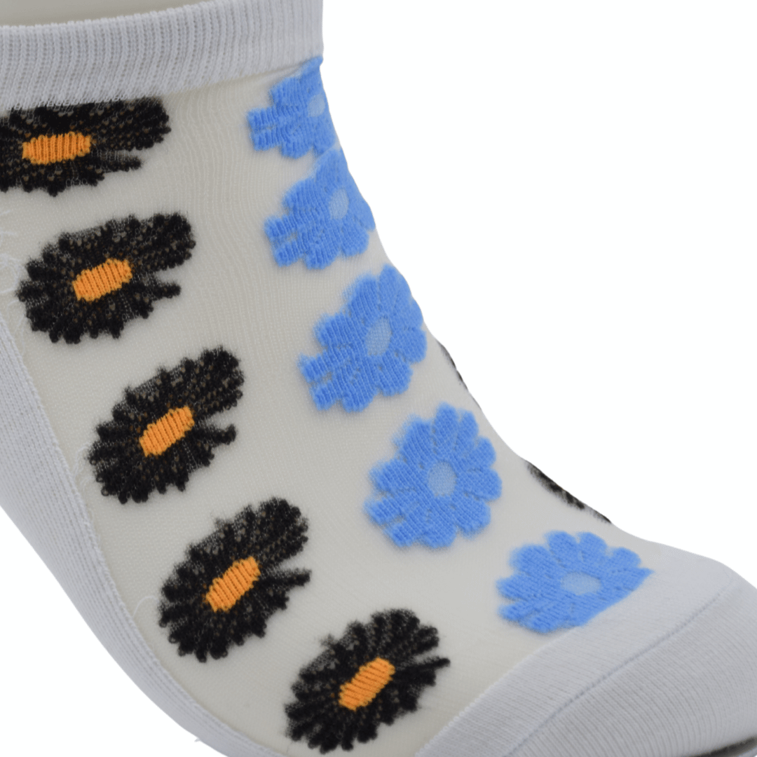 White Sheer Ankle Socks with Black & Blue Floral Pattern