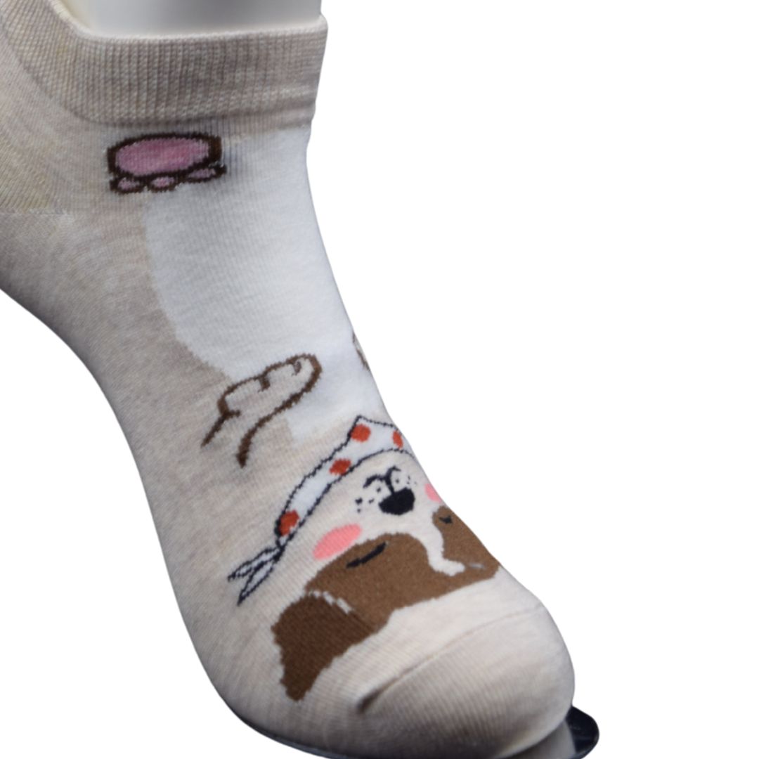 Beige Dog Print Ankle Socks – Fun & Comfy Everyday Wear