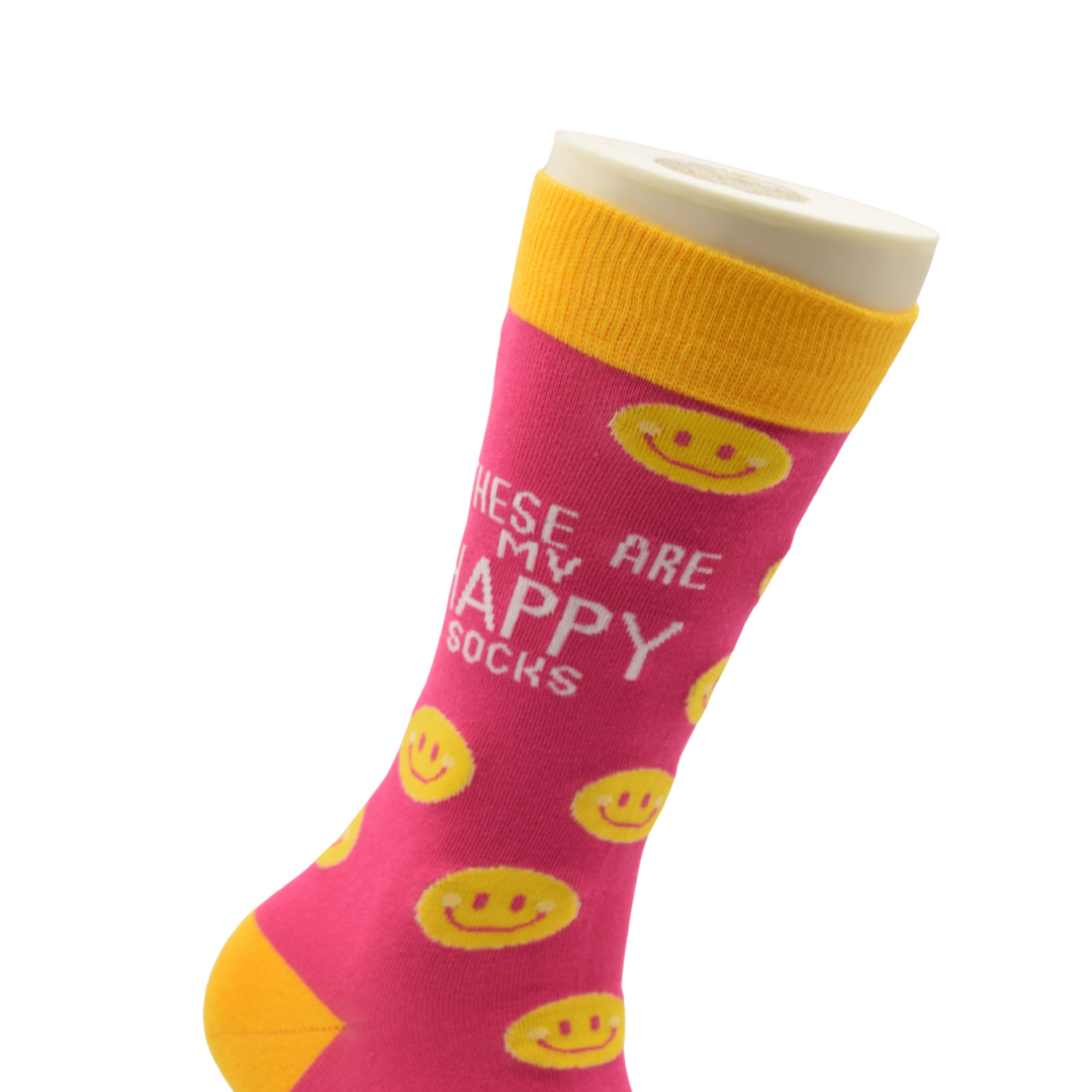 Happy Face Crew Socks – Pink & Yellow Smiley Design with Quote, Unisex