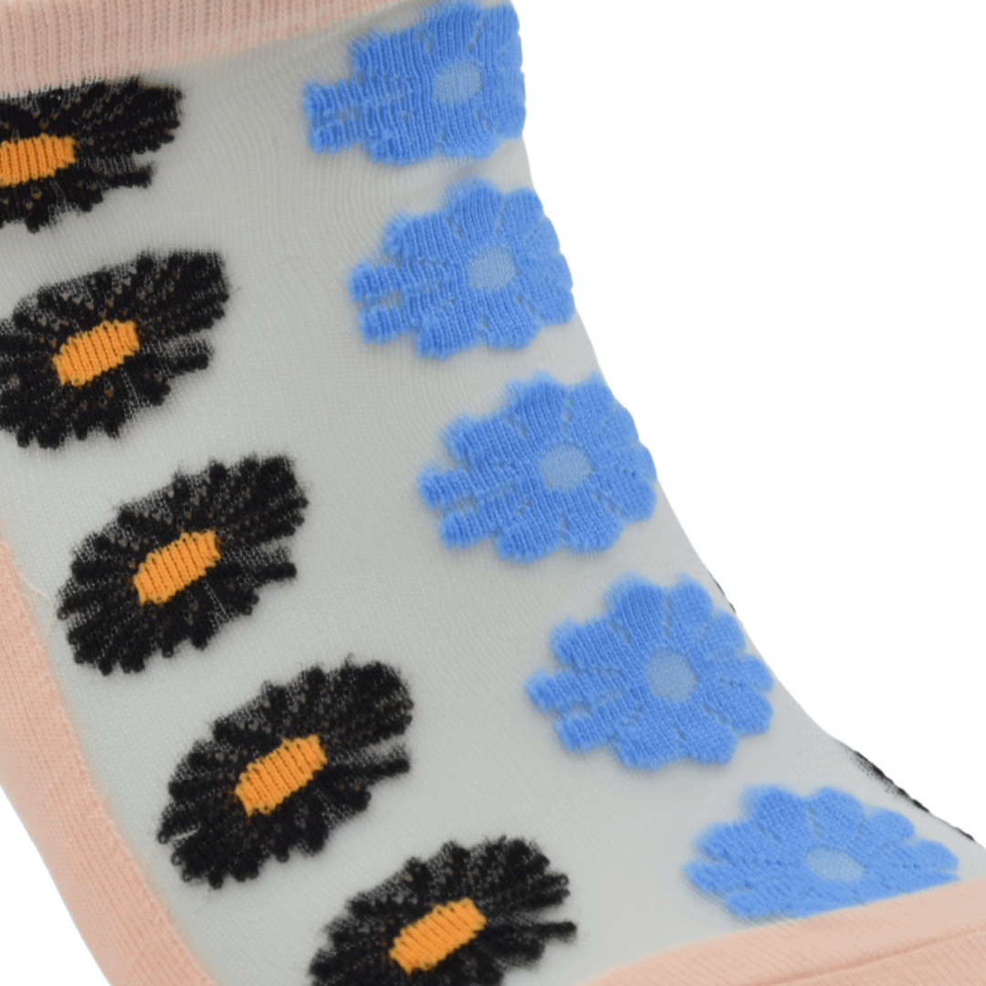 Peach Sheer Ankle Socks with Black & Blue Floral Pattern